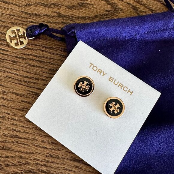 NEW!Tory Burch Enamel Logo Stud Earrings -Black/ Ivory/ Tan - Picture 2 of 8